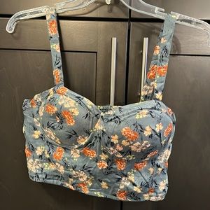 B.O.G. Collective built in bra crop top. Blue with Pink flowers. Med